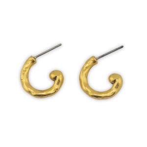 May include: A pair of gold-colored hoop earrings. Each earring has a curved, textured design with a post for piercing. The earrings are set against a white background.
