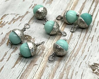 Aqua Quartzite Antique Silver Round Charm, Natural Stone, Small Pendant, findings, Handmade, DIY Jewelry Making Supplies, Earring Findings