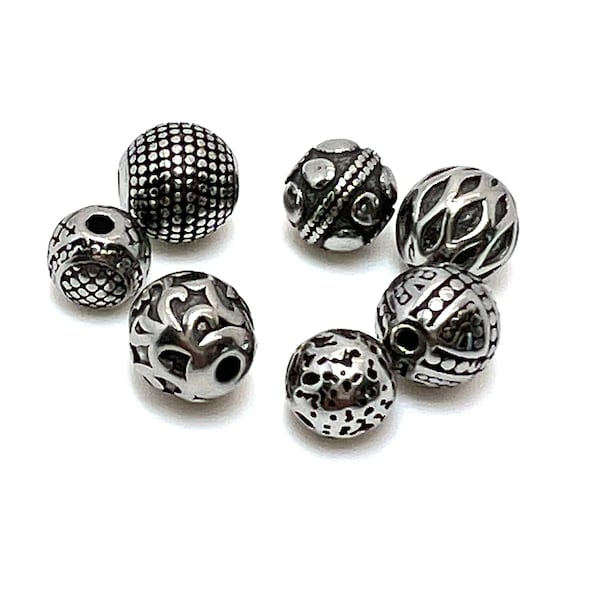 Stainless Steel Textured Round Spacer Beads, Antique Silver Findings, DIY Jewelry Making Supplies, Non-Tarnish, Hypoallergenic, 8mm,9mm,10mm