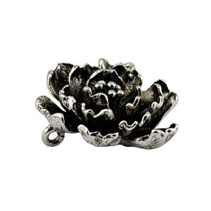 May include: A detailed, silver-toned peony flower charm with intricate petal detailing. The charm has a small loop for attaching to a necklace or bracelet. The flower is a three-dimensional design, perfect for jewelry making.