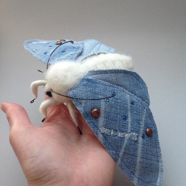 Sale - Moth, faux taxidermy, textile sculpture, vintage fabric, vintage denim, soft sculpture, Moth sculpture, taxidermy, vintage moth