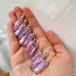 Lavender Aura Quartz Pendant - Wire Wrapped Pink/Lilac Purple Crystal Necklace - Rainbow Treated Healing Gemstone Jewellery