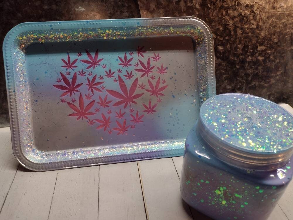 Handmade resin rolling tray and glass stash jar Etsy