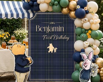 Winnie the Pooh Cutouts, Blue Plaid Baby Shower Decor, Backdrop, Baby Boy, Bear Props, 1st Birthday