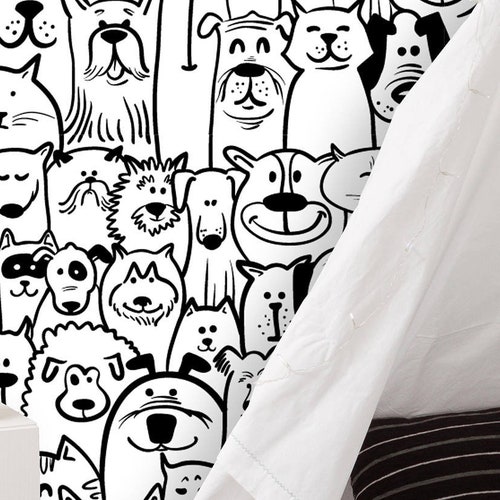 Dogs Wallpaper Stonewash Blue Pets Fabric Pug by Andrea Etsy