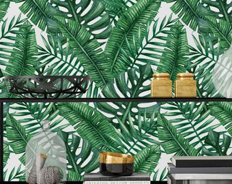 Removable Wallpaper Mural Peel & Stick Green Tropical Leaves