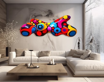 May include: A colorful abstract wall sculpture with a black background and a variety of bright colors, including red, blue, yellow, green, and pink. The sculpture is shaped like a cloud and has a smooth, glossy finish.
