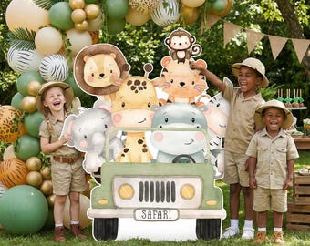 Safari-Tiere-Truck-Ausschnitte, Babyparty, Safari-Truck, Wild One, Geburtstagsdekor, Kulisse, Safari-Tierparty, Aquarell-Mittelstücke