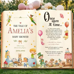 May include: A large open storybook display featuring the text The Tale of Amelia's Baby Shower and Once Upon a Time. The pages are decorated with colorful illustrations of classic storybook characters including Peter Pan, Alice, and Winnie the Pooh.