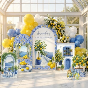 May include: A decorative bridal shower backdrop featuring blue and white Mediterranean tile patterns, lemon tree illustrations, and coastal scenery. The central arch displays the text Amanda's BRIDAL SHOWER, accented by yellow and white balloon clusters.