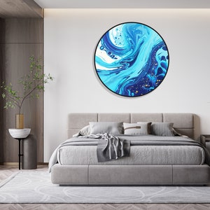 Blue Extra Large Wall Art Illuminated Round Display Artwork  Abstract Wall Decor 3D Contemporary Art Lighted Wall Art Fluid Art LED Art