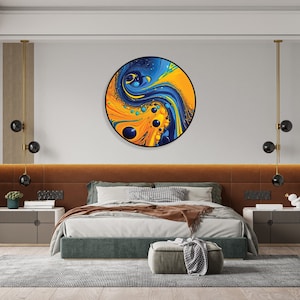 Arte de pared LED, obra de arte iluminada, decoración de pared abstracta azul y amarilla, letrero LED, arte contemporáneo, arte de pared iluminado, arte fluido, decoración del dormitorio