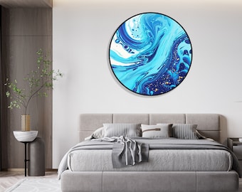 Blue Extra Large Wall Art Illuminated Round Display Artwork  Abstract Wall Decor 3D Contemporary Art Lighted Wall Art Fluid Art LED Art