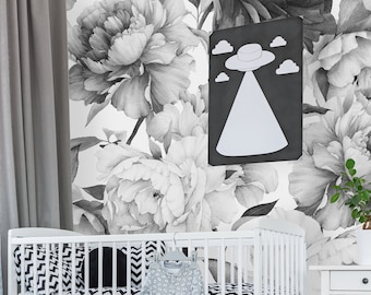 Black And White Floral Wallpaper Nursery Wallpaper Etsy Images, Photos, Reviews