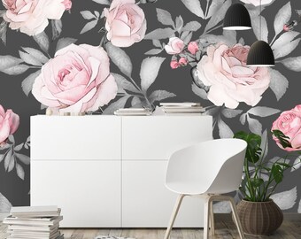 Removable Wallpaper Mural Peel & Stick Watercolor Seamless Pattern with Pink Flowers and Leaves on Gray Background