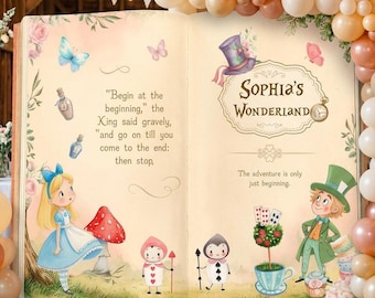 Alice in Wonderland Baby Shower Backdrop, Storybook, Welcome Sign, Fairytale, Baby Girl, 1st Birthday, Whimsical Mad Tea Party Decor