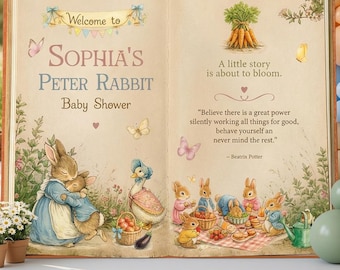 Peter Rabbit Baby Shower Backdrop, Storybook, Open Book, First Birthday Decor, Welcome Sign, Beatrix Potter, Bunny Baby Shower
