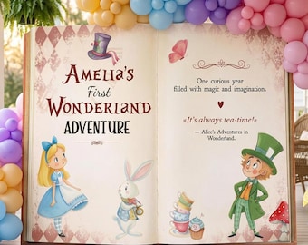 Alice in Wonderland First Birthday Backdrop, Storybook, Welcome Sign, Fairytale, Baby Girl, Whimsical Mad Tea Party Decor, Baby Shower