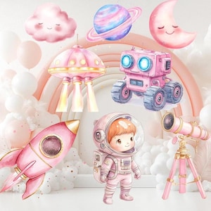 Recorte de astronauta rosa, decoración del espacio exterior, astronauta niña, temática de galaxia, decoración de fiesta con temática de niña espacial, accesorio de pie, recorte de decoración grande