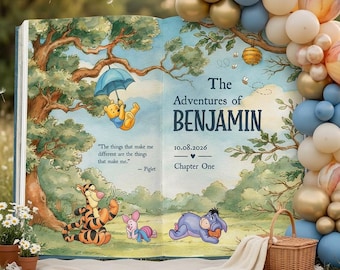 Winnie the Pooh Large Backdrop, Storybook, Open Book, First Birthday Decor,  Welcome Sign, Fairytale, Baby Boy