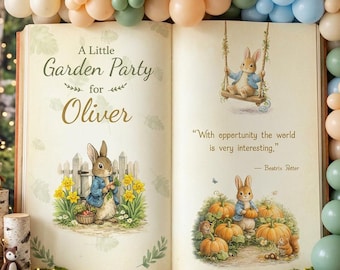 Peter Rabbit 1st Birthday Backdrop, Storybook, Open Book, First Birthday Decor, Welcome Sign, Beatrix Potter, Bunny Baby Shower