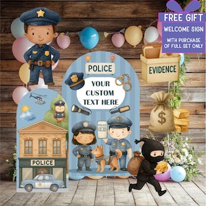 May include: A set of police-themed party decorations featuring cartoon illustrations of officers, a police station, a patrol car, a thief, and an evidence box. The central arch includes the text POLICE YOUR CUSTOM TEXT HERE and various icons.