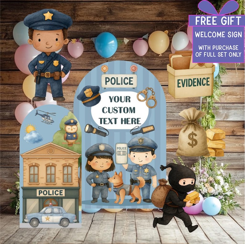 May include: A set of police-themed party decorations featuring cartoon illustrations of officers, a police station, a patrol car, a thief, and an evidence box. The central arch includes the text POLICE YOUR CUSTOM TEXT HERE and various icons.