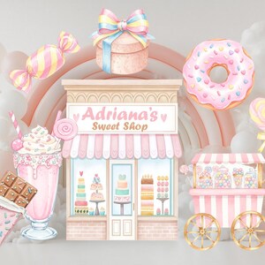 May include: A digital illustration of a storefront labeled Adriana's Sweet Shop, surrounded by a pink donut, a milkshake, a chocolate bar, a gift box with a rainbow bow, a heart-shaped lollipop, and a striped candy cart on a pastel background.