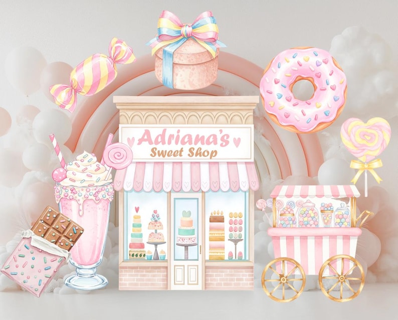 May include: A digital illustration of a storefront labeled Adriana's Sweet Shop, surrounded by a pink donut, a milkshake, a chocolate bar, a gift box with a rainbow bow, a heart-shaped lollipop, and a striped candy cart on a pastel background.