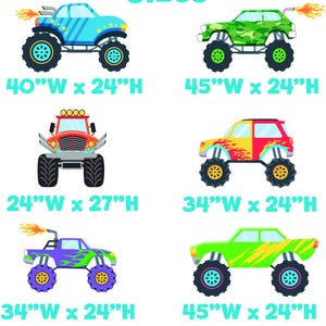 Op de afbeelding: Zes illustraties van kleurrijke monstertrucks met verschillende ontwerpen en vlamaccenten. De afmetingen zijn: 101.6cm B x 61cm H, 114.3cm B x 61cm H, 61cm B x 68.6cm H, 86.4cm B x 61cm H, 86.4cm B x 61cm H en 114.3cm B x 61cm H.