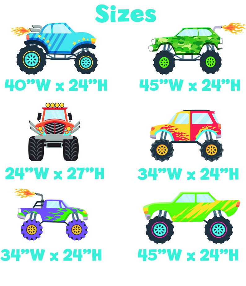 Op de afbeelding: Zes illustraties van kleurrijke monstertrucks met verschillende ontwerpen en vlamaccenten. De afmetingen zijn: 101.6cm B x 61cm H, 114.3cm B x 61cm H, 61cm B x 68.6cm H, 86.4cm B x 61cm H, 86.4cm B x 61cm H en 114.3cm B x 61cm H.