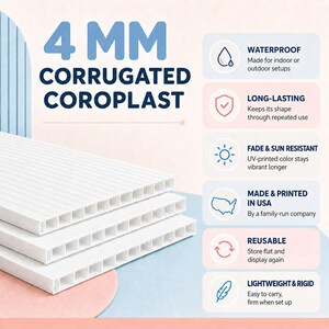 May include: A stack of three white 4 mm corrugated coroplast sheets. The image includes text detailing product features: waterproof, long-lasting, fade and sun resistant, made and printed in USA, reusable, and lightweight and rigid.