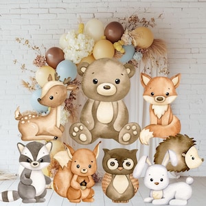 Animales del bosque recortados en acuarela, decoración de cumpleaños con animales del bosque, centros de mesa en acuarela, fondo de decoración para baby shower con temática de bosque