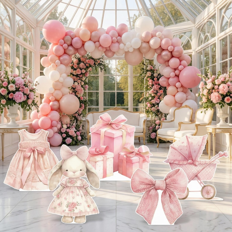 Pink Bunny Baby Shower, Cutout Standee, Personalized Baby Shower Decor, Stand Up Prop, First Birthday Backdrop, Air Balloon, Rabbit,Pink Bow image 1
