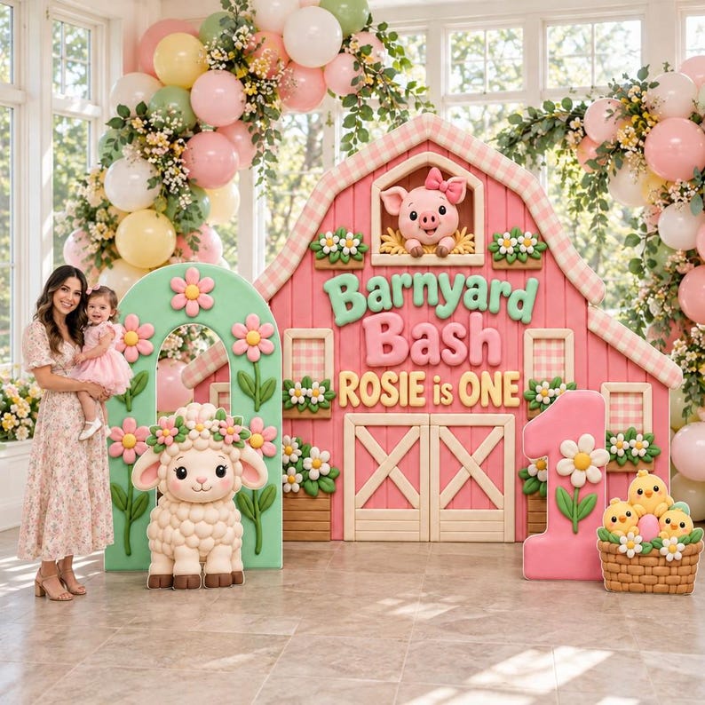 Barnyard Bash Girl First Birthday Backdrop, Personalized 3D Look Pink ...