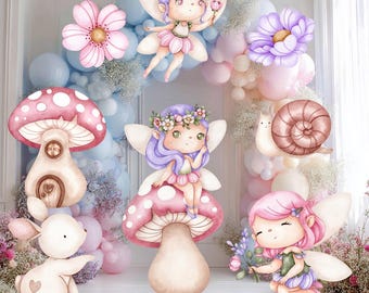 May include: A decorative wall decal set featuring three cartoon fairies with wings, a large pink mushroom house, a smaller mushroom, a white rabbit, and a snail. The scene is accented with pastel blue and pink balloons and floral elements.