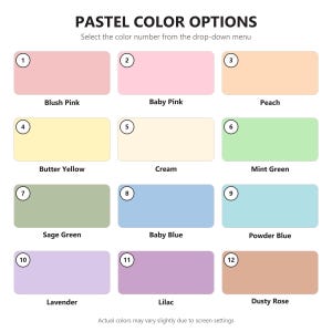 May include: A color chart titled PASTEL COLOR OPTIONS featuring twelve numbered rectangular swatches. Colors include Blush Pink, Baby Pink, Peach, Butter Yellow, Cream, Mint Green, Sage Green, Baby Blue, Powder Blue, Lavender, Lilac, and Dusty Rose.