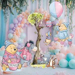 Winnie the Pooh Gender Reveal Party Cutouts, Backdrop Decor, Blue or Pink, Honey Bear, Boy or Girl, Baby Announcement Decor