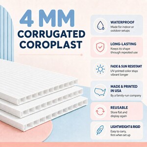 May include: Three stacked sheets of 4 mm white corrugated coroplast. The text highlights features: waterproof, long-lasting, fade and sun resistant, made and printed in USA, reusable, and lightweight and rigid. Each feature has a corresponding icon.