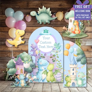 May include: A whimsical dinosaur-themed party decoration set. Includes cutouts of dinosaurs, castles, balloons, and a welcome sign. The color palette features pastel blues, greens, pinks, and yellows, creating a cheerful and inviting atmosphere for a birthday or celebration.