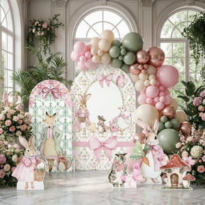 Pink Peter Rabbit-uitsparingen, verhalenboek babyshower, achtergrond, paashaaskunst, borden, verjaardag meisjes, tuinpaddestoel, welkomstbord
