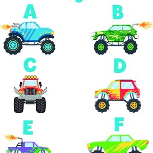 Op de afbeelding: Zes illustraties van kleurrijke monstertrucks. Elke truck heeft grote banden en vlammen uit de uitlaat. Het woord "Style" staat bovenaan. Elke truck is gemarkeerd met een letter van A tot F.