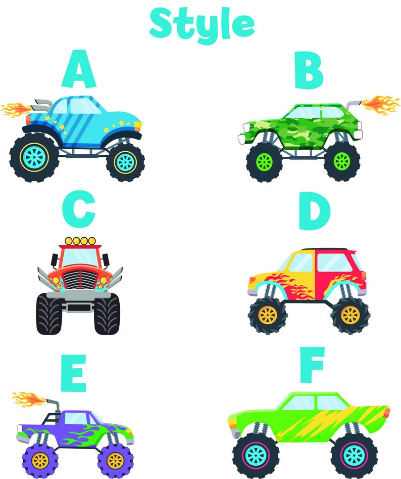 Op de afbeelding: Zes illustraties van kleurrijke monstertrucks. Elke truck heeft grote banden en vlammen uit de uitlaat. Het woord "Style" staat bovenaan. Elke truck is gemarkeerd met een letter van A tot F.