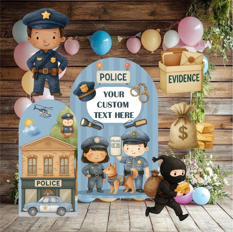 May include: A decorative party backdrop set featuring watercolor illustrations of police officers, a police station, a police car, a thief, evidence boxes, and a money bag. The central arch includes the text POLICE YOUR CUSTOM TEXT HERE.