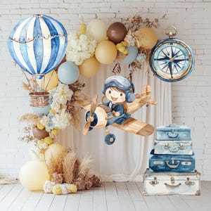 Sagoma di aviatore blu, Il tempo vola, Baby shower avventuroso, Mongolfiera ad acquerello, Sfondo aereo, Decorazioni per compleanno, Neonato, Centrotavola