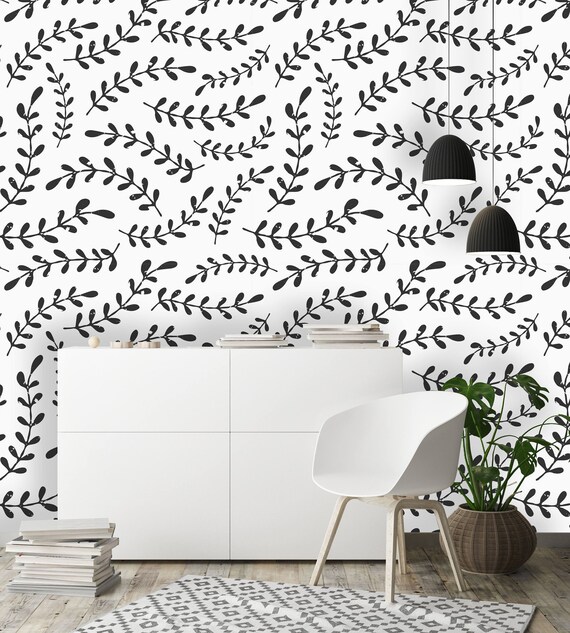 WFL084 Grey wallpaper with leaf pattern Black and white removable wallpaper Peel and stick ...