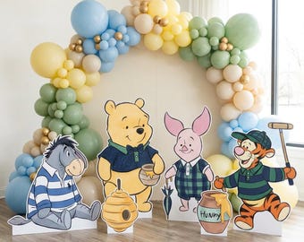 Winnie the Pooh Set 6 Cutouts, Blue, Green Plaid Baby Shower Decor, Backdrop, Baby Boy, Bear Props, 1st Birthday