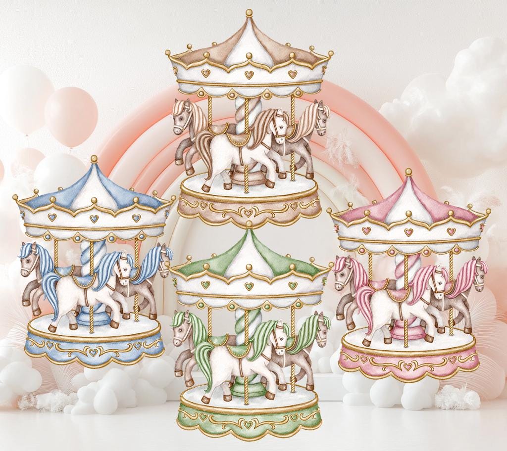 Carousel Cutouts, Baby Shower, Centerpieces Standee, Horse Merry-go-round, Carnival Theme Party Decor, Watercolor Backdrop, Circus Birthday