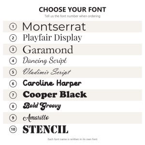 May include: A font selection chart featuring ten numbered options in black text on a white background. The list includes Montserrat, Playfair Display, Garamond, Dancing Script, Vladimir Script, Caroline Harper, Cooper Black, Bold Groovy, Amarillo, and STENCIL.