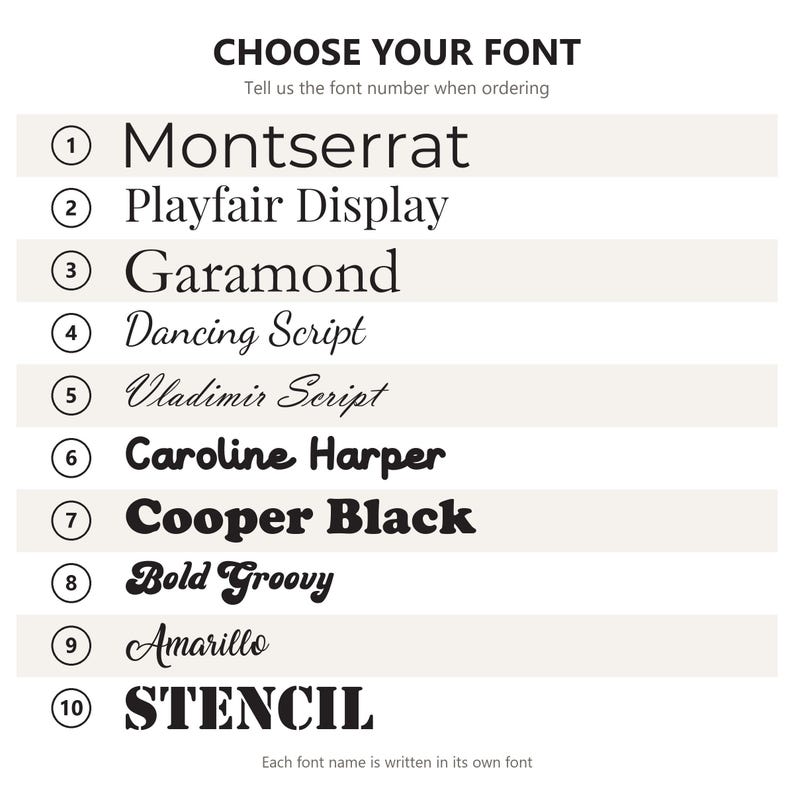 May include: A font selection chart featuring ten numbered options in black text on a white background. The list includes Montserrat, Playfair Display, Garamond, Dancing Script, Vladimir Script, Caroline Harper, Cooper Black, Bold Groovy, Amarillo, and STENCIL.